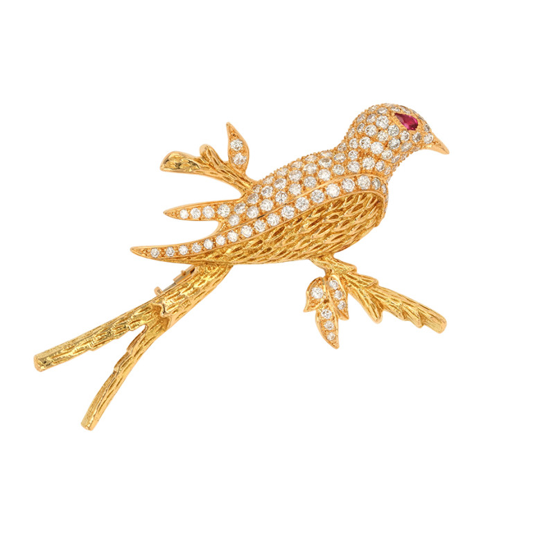 Broche vintage diamants 0.92 carat et rubis de synthèse or jaune  11.36g Comme neuf -  reconditionné disponible sur Gemme Les Bijoux